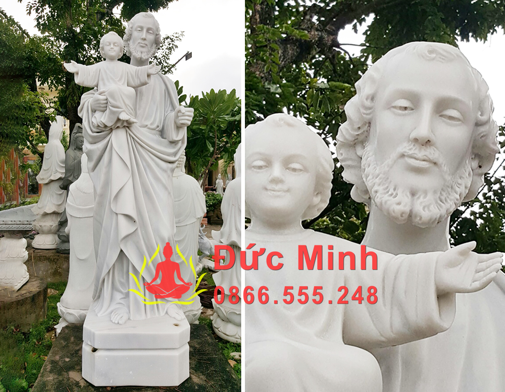 Tượng Thánh Giuse Bế Chúa Hài Đồng Đá Trắng Nguyên Khối Tự Nhiên