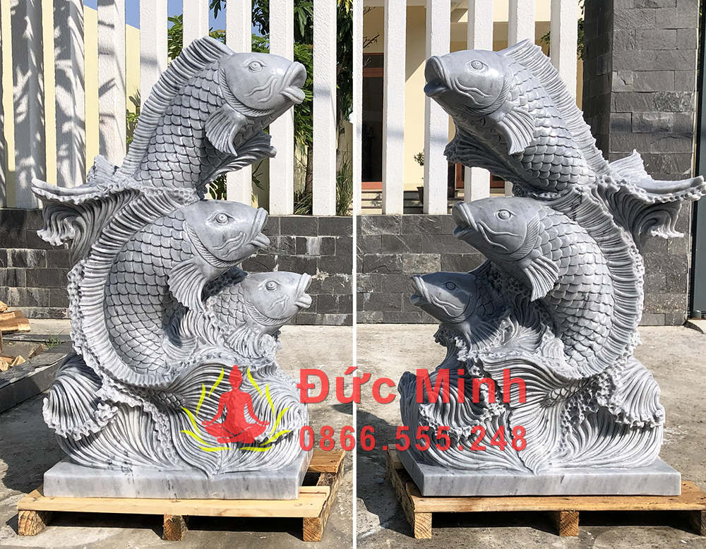 Bộ Tượng Cá Chép Vượt Vũ Môn Bằng Đá Xám