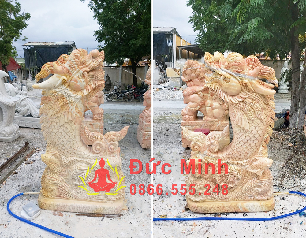 Cặp Tượng Cá Chép Hóa Rồng Đá Vàng Tự Nhiên