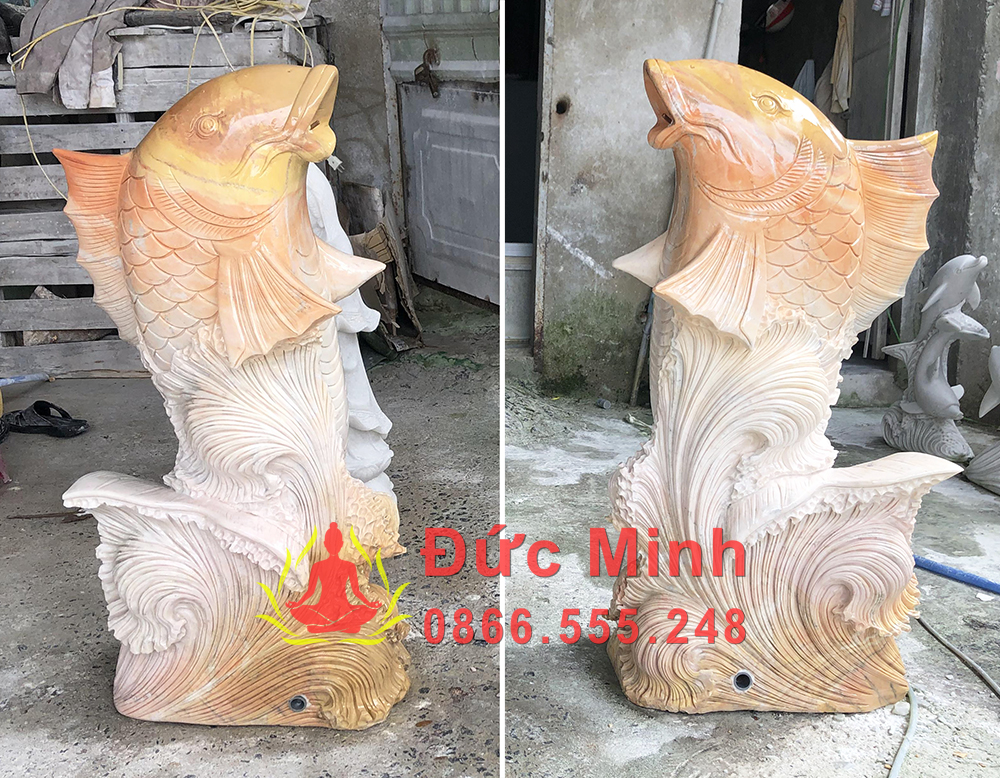 Tượng Cá Chép Vượt Vũ Môn Đá Vàng Nguyên Khối