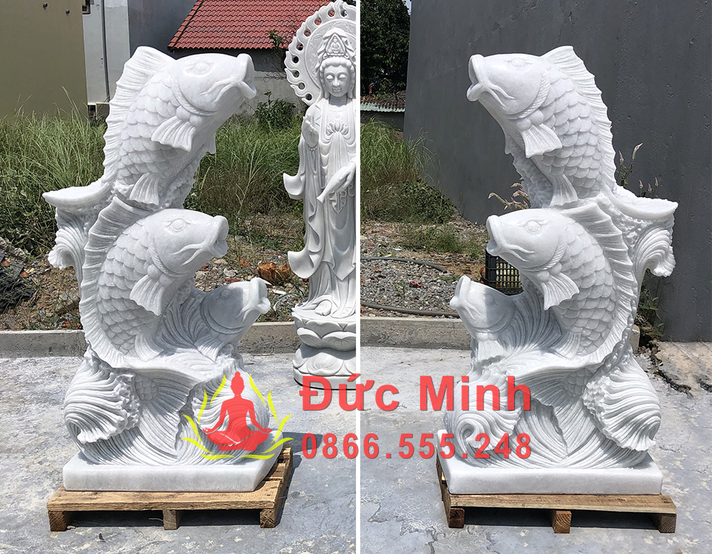 Tượng Cá Chép Vượt Vũ Môn Đá Trắng Nguyên Khối