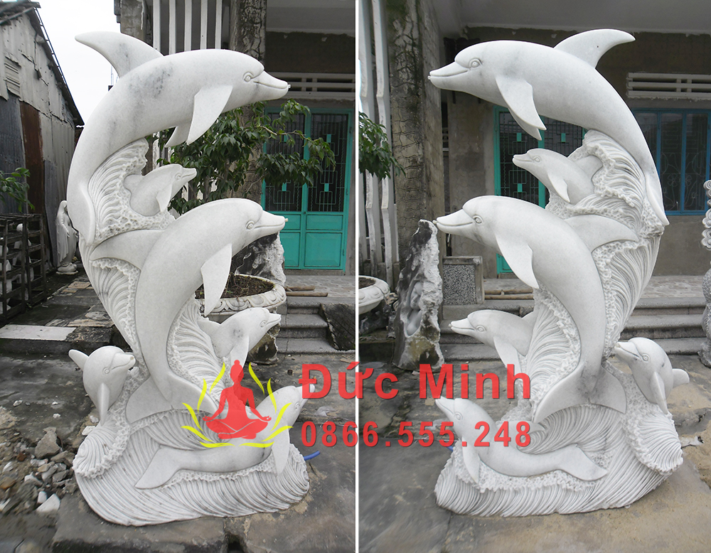 Cặp Tượng Cá Heo Vượt Sóng Đá Mỹ Nghệ
