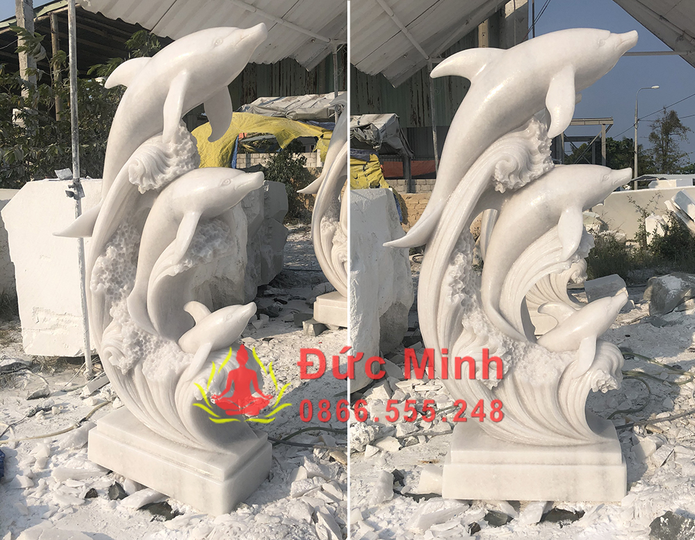 Tượng Cá Heo Đá Trắng Nguyên Khối
