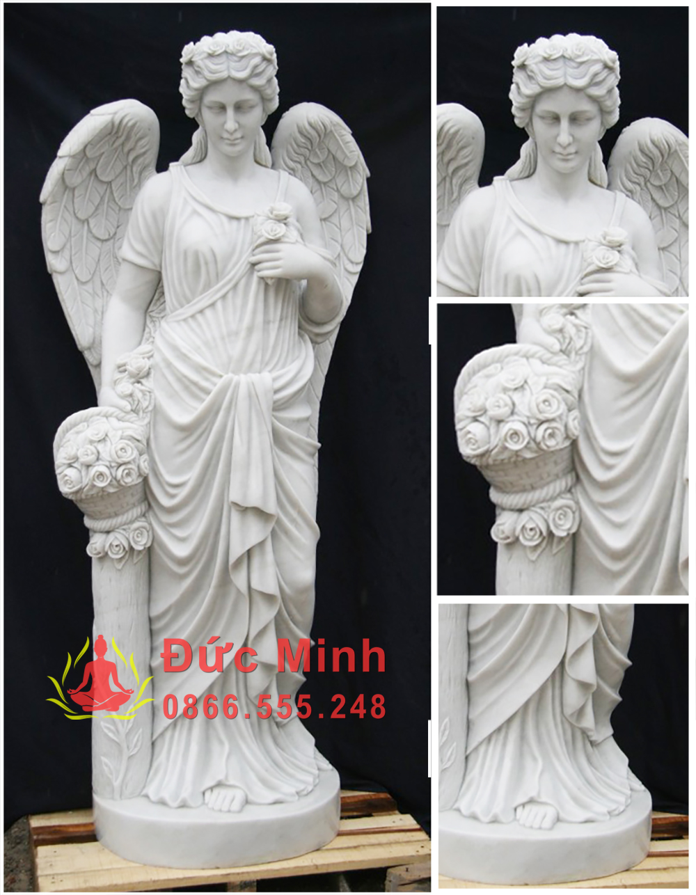 Tượng Thiên Thần Đá Tự Nhiên Cầm Giỏ Hoa Và Hoa Hồng Đẹp
