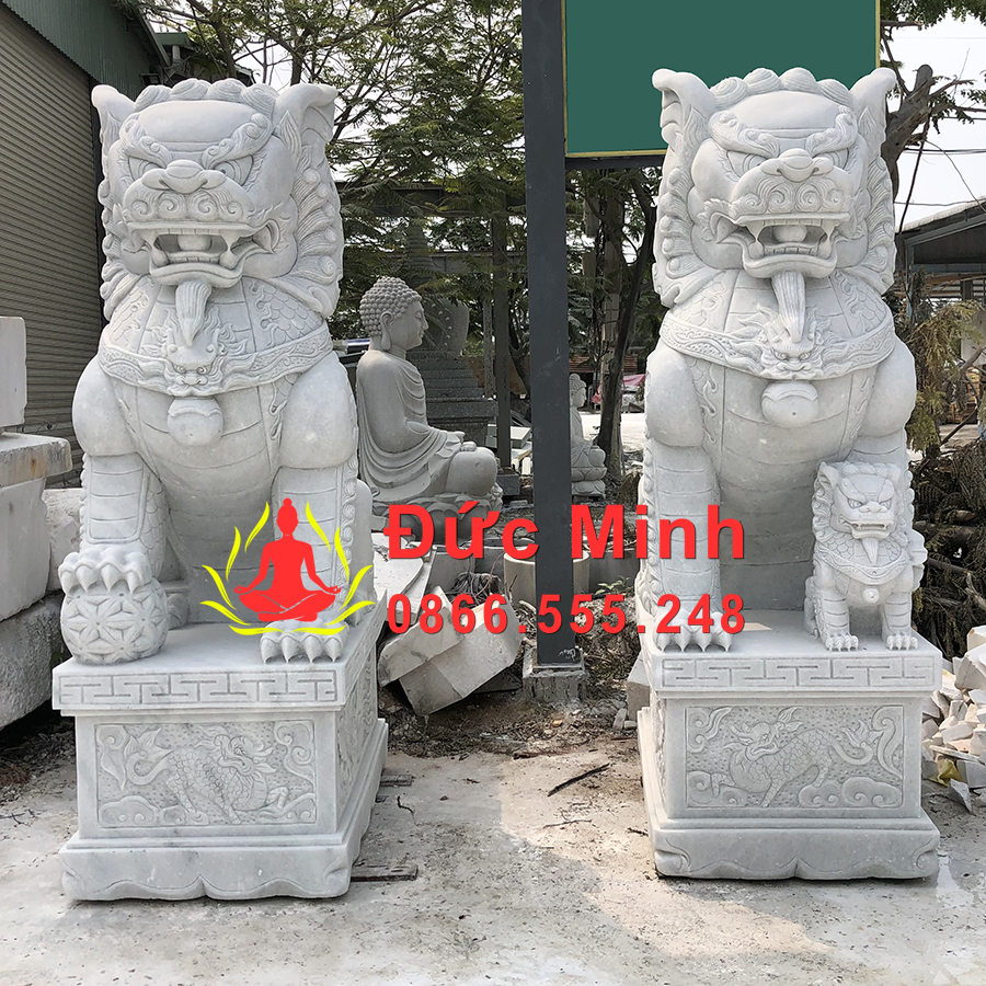Tượng Nghê Đá Cẩm Thạch Trắng Nguyên Khối Để Cổng