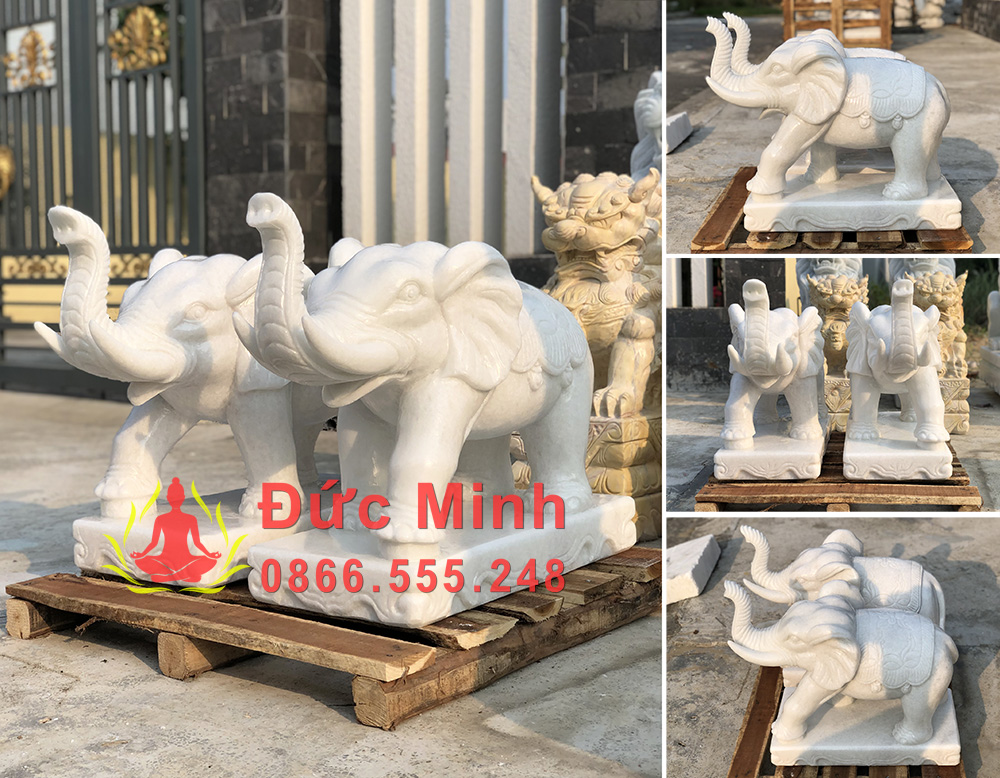 Tượng Voi Đá Trắng Mini Chiêu Tài