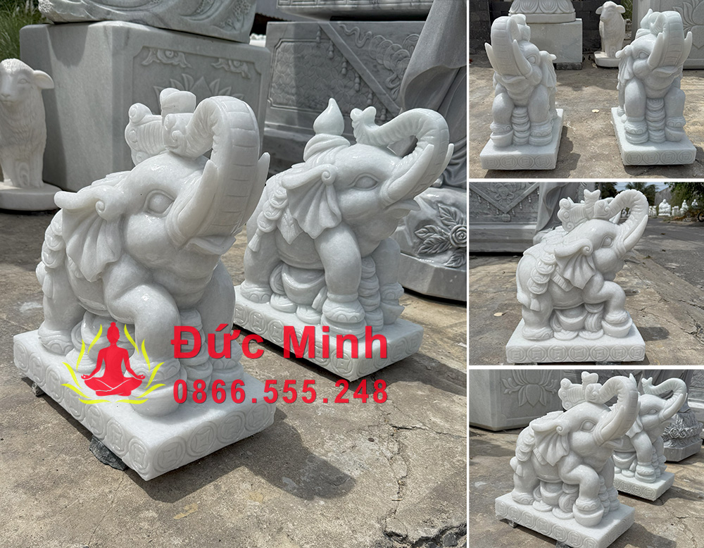 Tượng Voi Đá Trắng Chạm Khắc Hoa Văn Tinh Tế
