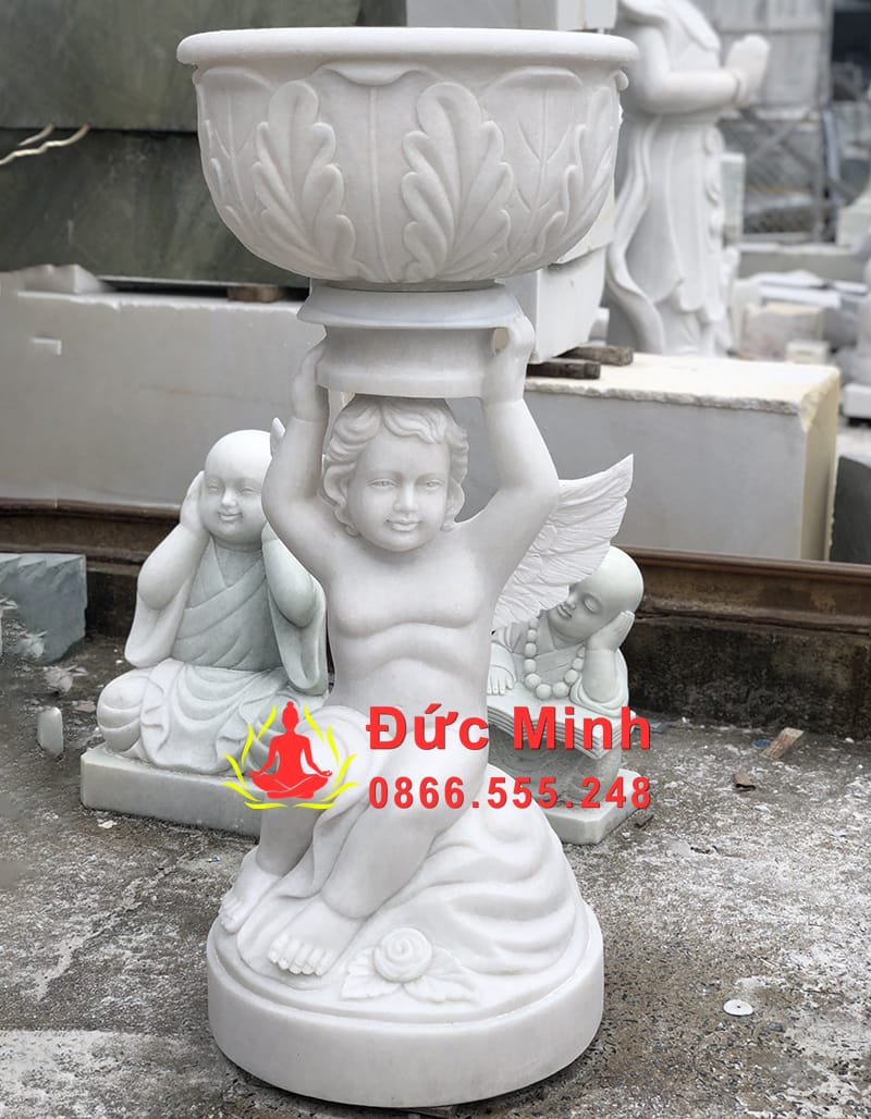 Tượng Thiên Thần Nhỏ Đội Chậu Đá Cẩm Thạch Đẹp