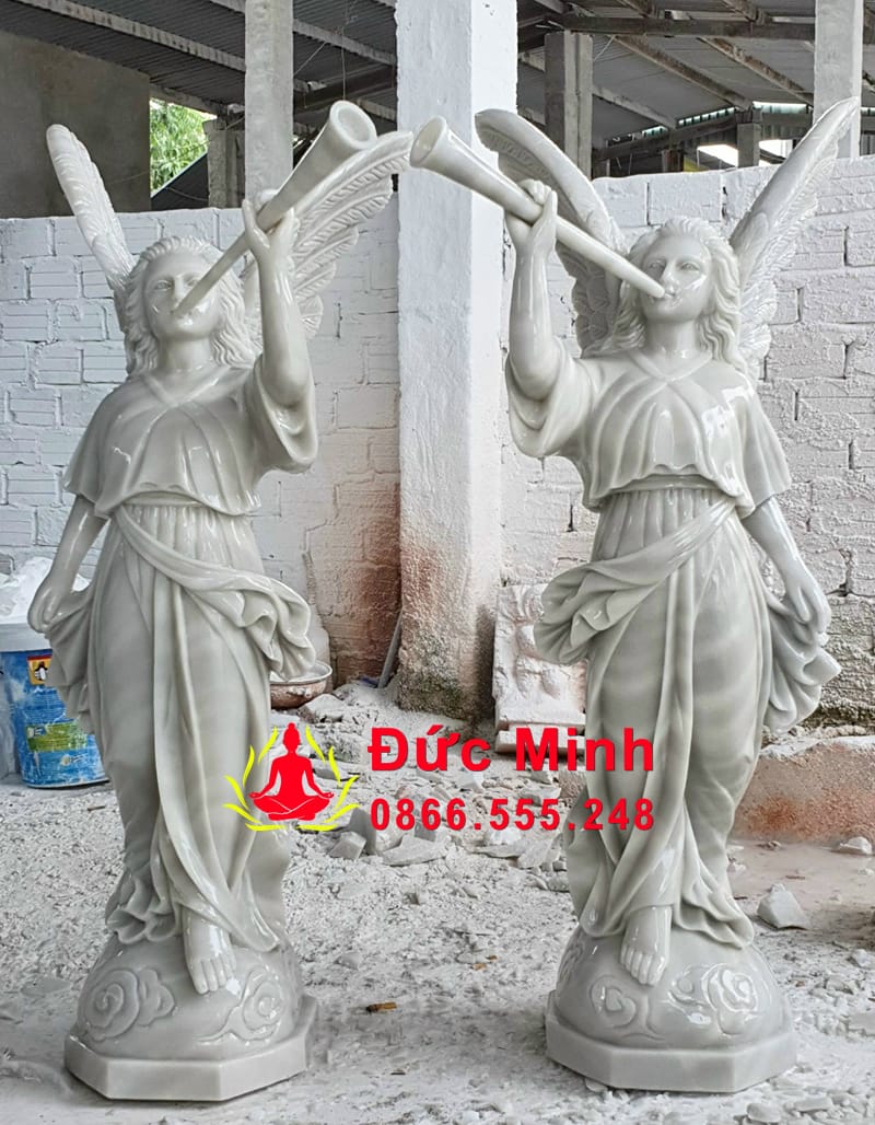 Cặp Tượng Thiên Thần Thổi Kèn Đá Cẩm Thạch Trắng Tự Nhiên Đẹp