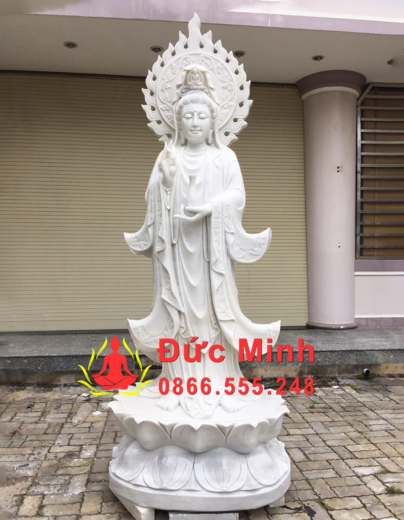 Tượng Quan Âm Hào Quang Đá Trắng Nguyên Khối Cao 2m2
