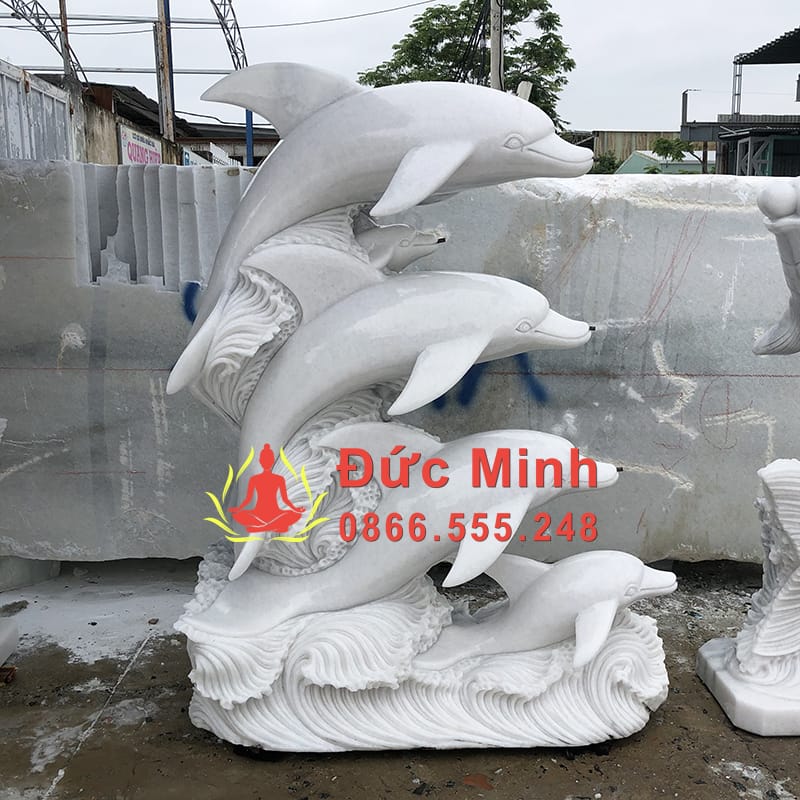 Tượng Cá Heo Đá Trang Trí Hồ Bơi Đá Cẩm Thạch Trắng Đẹp