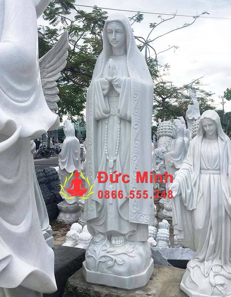 Tượng Đức Mẹ Mân Côi Đá Tự Nhiên Trắng Đẹp Cao 2M