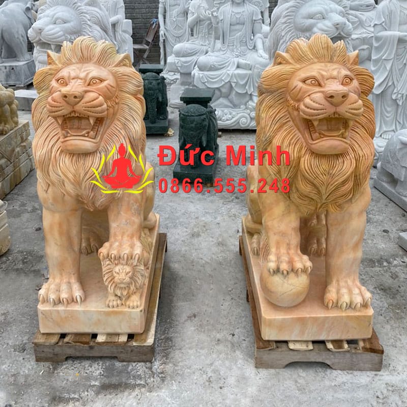 Tượng Sư Tử Ngồi Đá Cẩm Thạch Vàng Đẹp