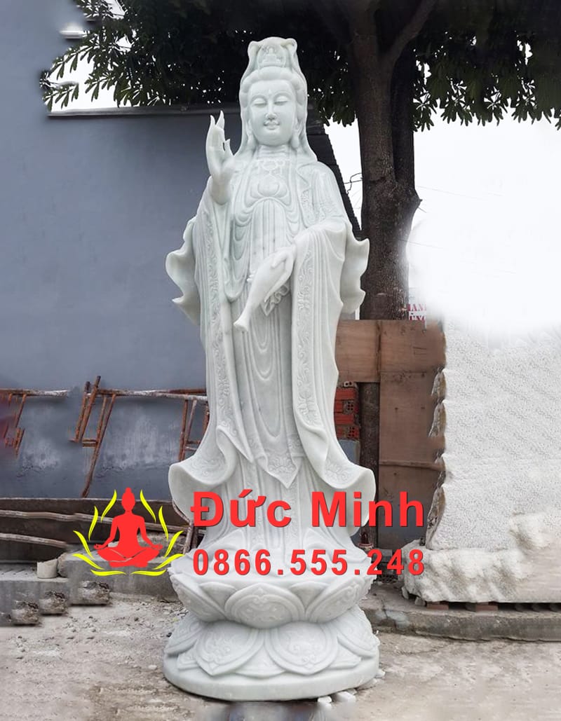 Tượng Phật Bà Quan Âm Đá Trắng Nguyên Khối Cao 3m