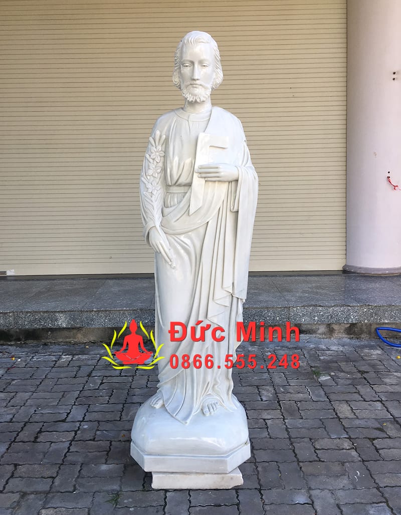Tượng Thánh Giuse Thợ Bằng Đá Trắng Nguyên Khối Đẹp