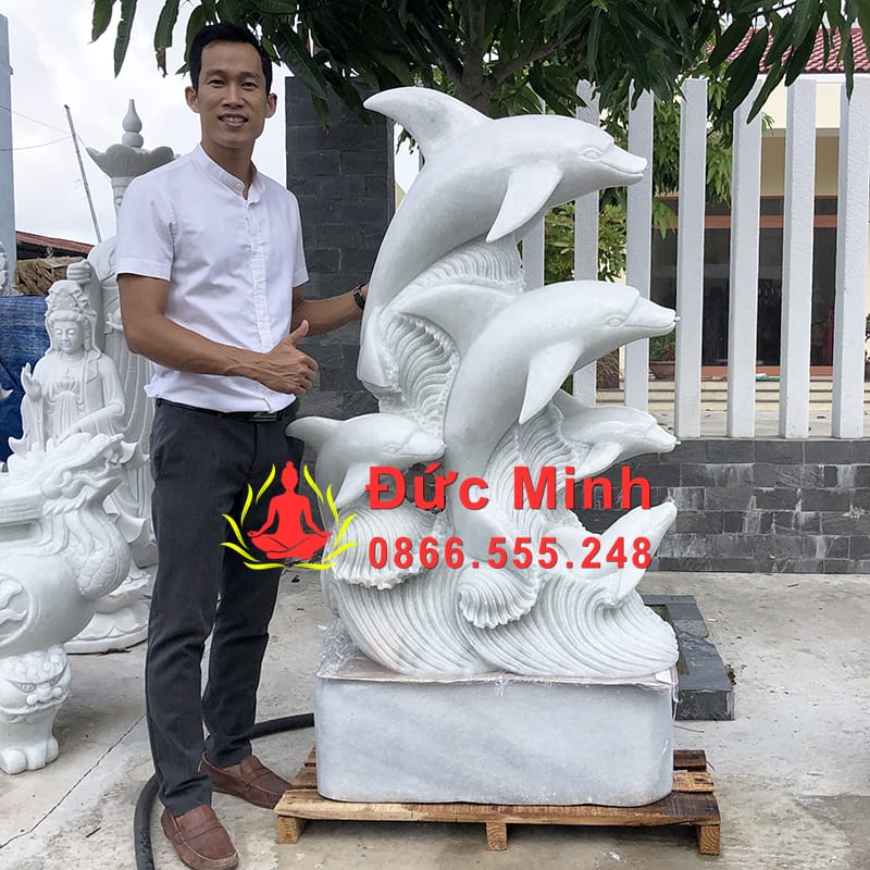 Tượng Cá Heo Đá Cẩm Thạch Trắng Trang Trí Hồ Bơi