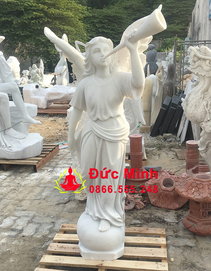 Tượng Thiên Thần Nữ Thổi Kèn Đá Cẩm Thạch Đẹp