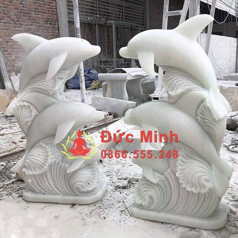 Tượng Cá Heo Đá Trắng Nguyên Khối Cao 1m5