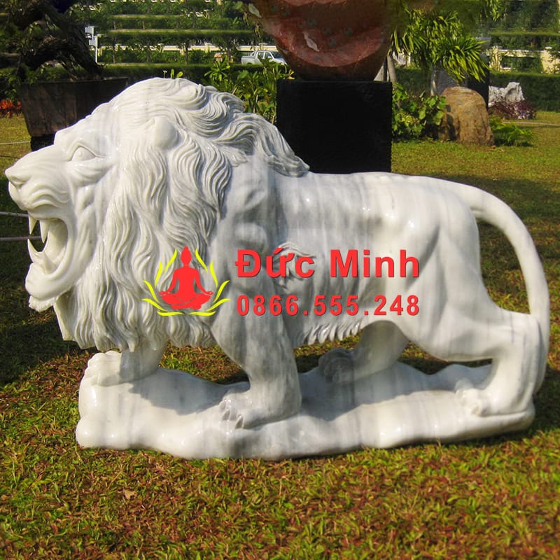Tượng Sư Tử Đá Trắng Phong Thủy Nguyên Khối