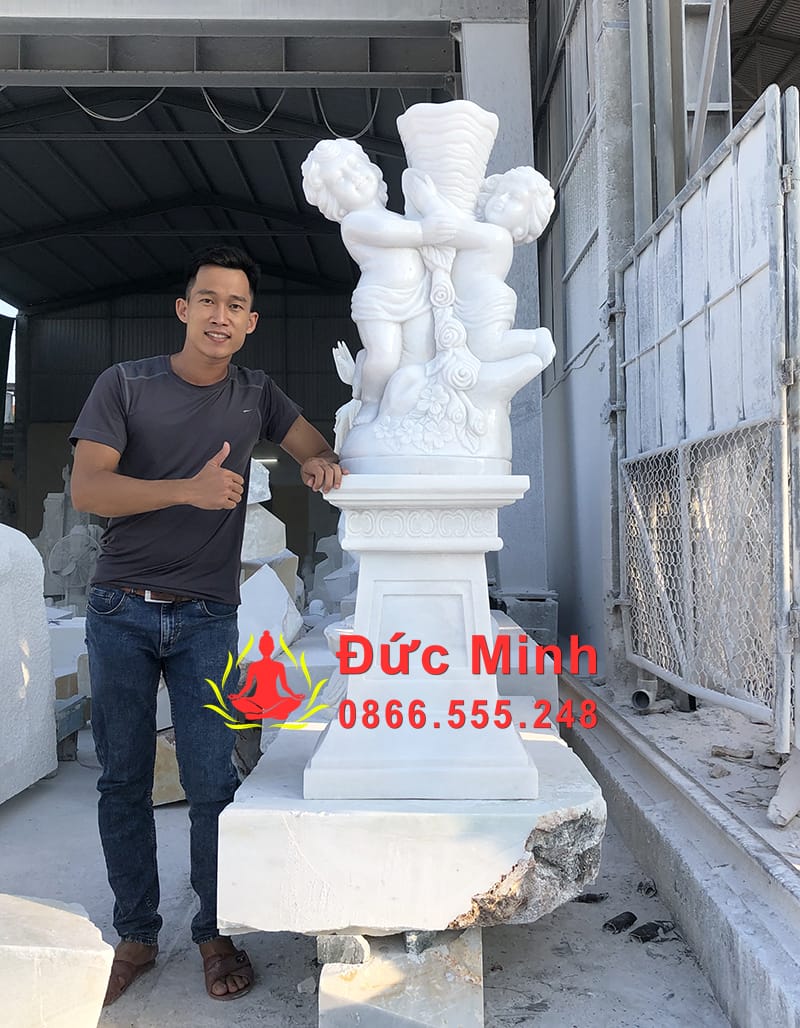Tượng Thiên Thần Ôm Chậu Hoa Bằng Đá Trắng Đẹp