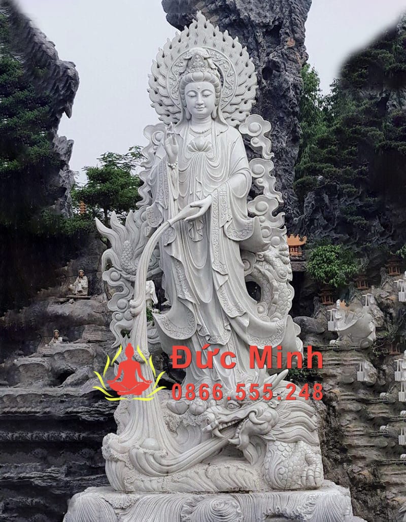 Tượng Quán Thế Âm Cưỡi Rồng Đá Trắng Nguyên Khối Đẹp Tại Bắc Ninh