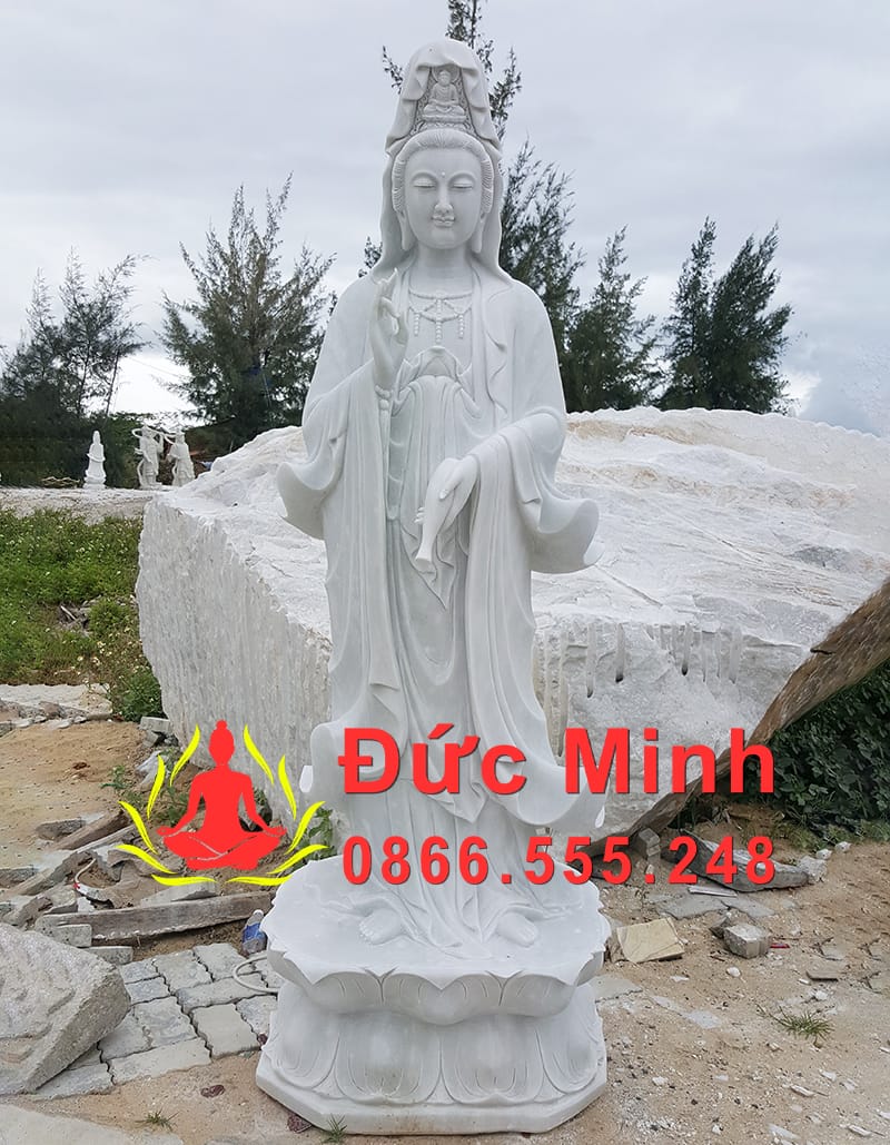 Tượng Phật Bà Quan Âm Đá Trắng Tự Nhiên Thiết Kế Tinh Xảo