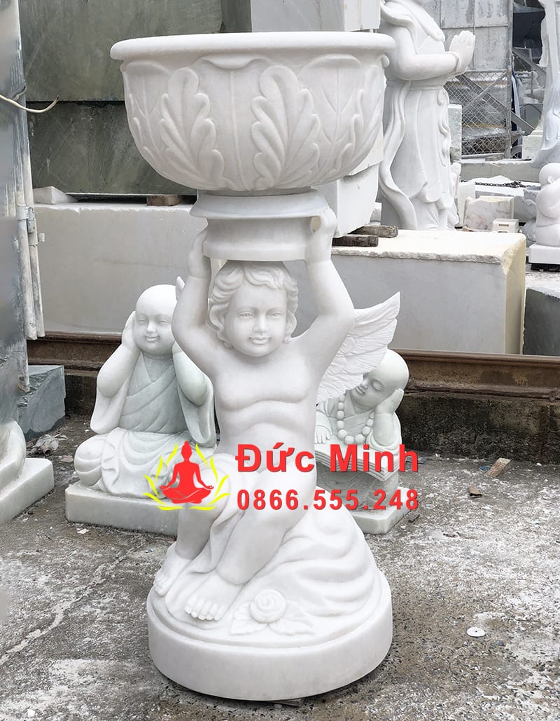 Tượng Thiên Thần Đội Chậu Hoa Đá Trắng Tự Nhiên Đẹp
