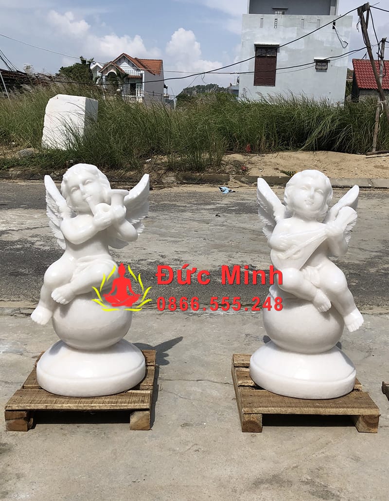 Tượng Thiên Thần Gảy Đàn Đá Tự Nhiên Trắng Đẹp