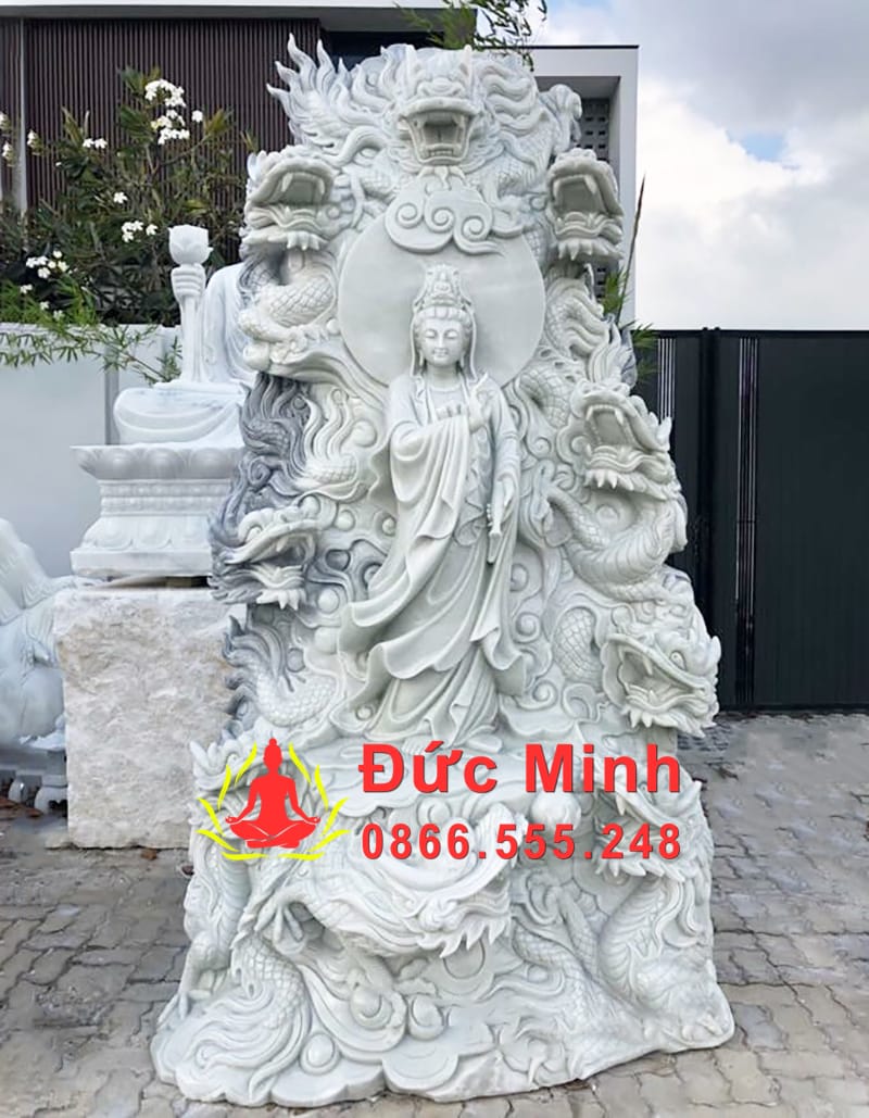 Tượng Quán Thế Âm Cửu Long Đá Trắng Nguyên Khối Tinh Xảo Tại Cần Thơ
