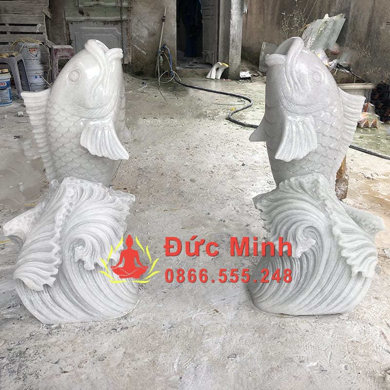 Cặp Tượng Cá Chép Đá Trắng Phong Thủy Đẹp