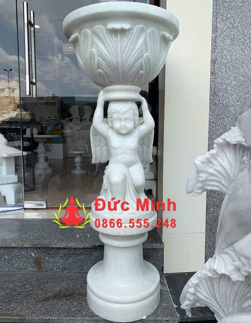 Tượng Thiên Thần Quỳ Ôm Chậu Đá Nguyên Khối Đẹp
