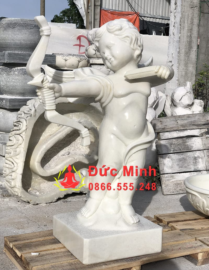 Tượng Thần Tình Yêu Cupid Bắn Cung Đá Cẩm Thạch Trắng