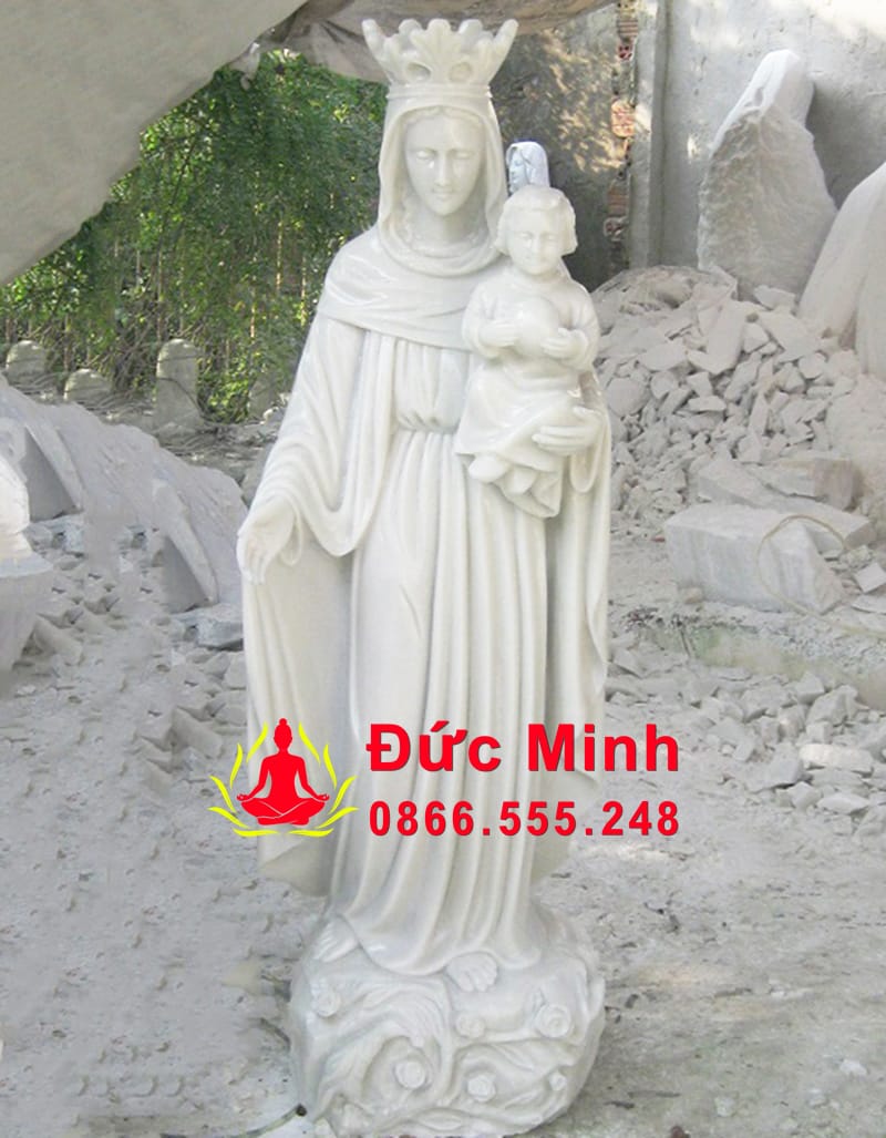 Tượng Đức Mẹ Mân Côi Bằng Đá Tự Nhiên Nguyên Khối Trắng Đẹp