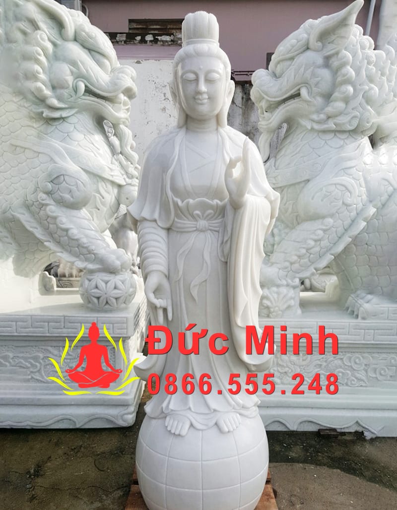 Tượng Quán Thế Âm Bồ Tát Đá Cẩm Thạch Trắng Đẹp Nguyên Khối
