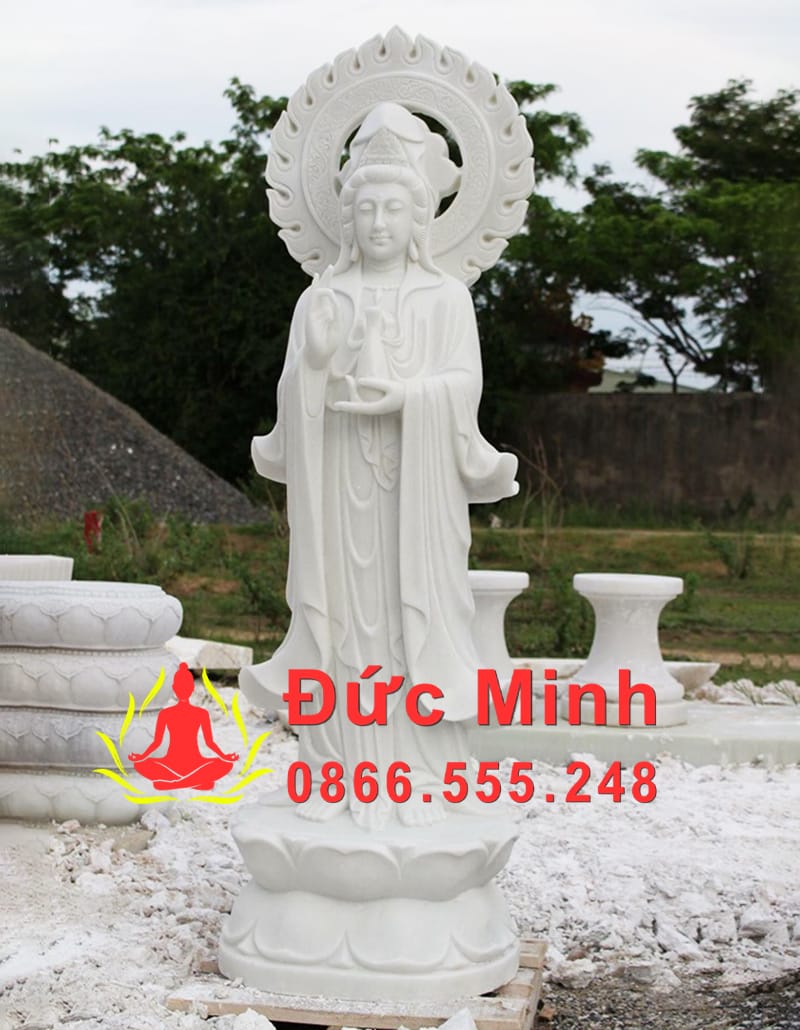 Tượng Quan Âm Đá Trắng Tự Nhiên Nguyên Khối Cao 2,5m