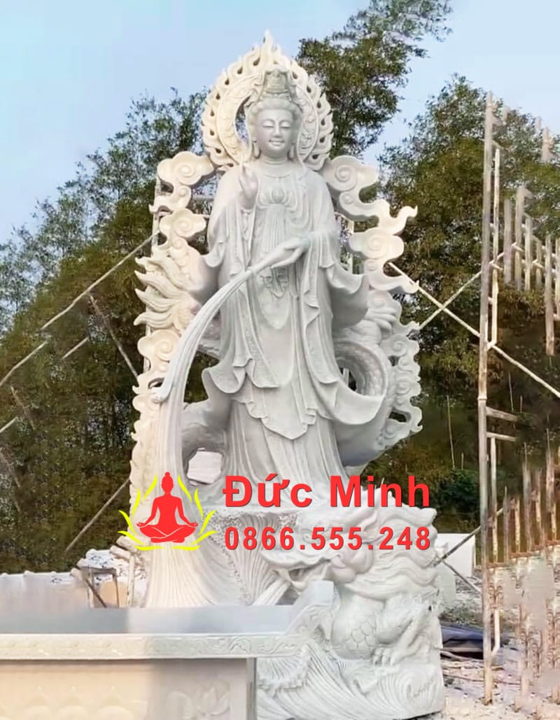 Tượng Quán Thế Âm Cưỡi Rồng Đá Trắng Nguyên Khối Đẹp Tại Bắc Ninh Cao 5m