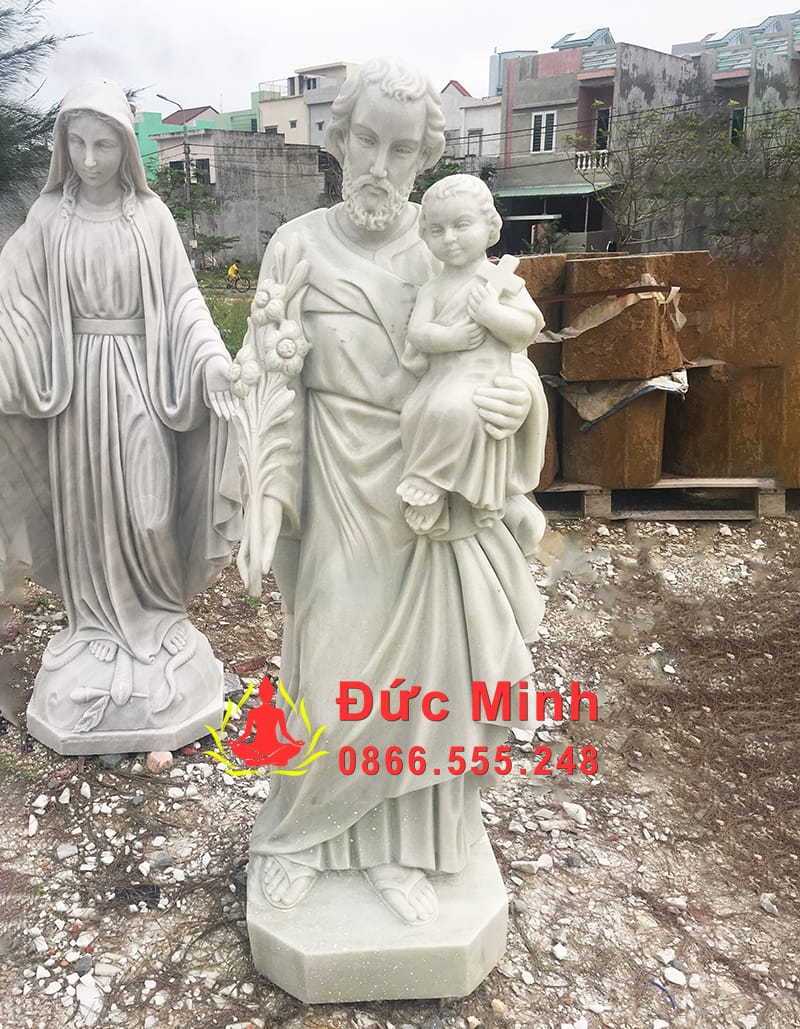 Tượng Thánh Giuse Bồng Chúa Hài Đồng Bằng Đá Trắng Nguyên Khối Đẹp