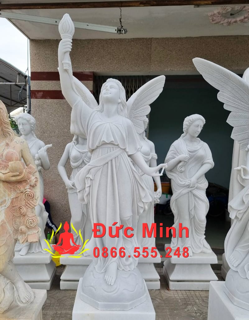 Tượng Nữ Thiên Thần Cầm Đút Đá Trắng Đẹp