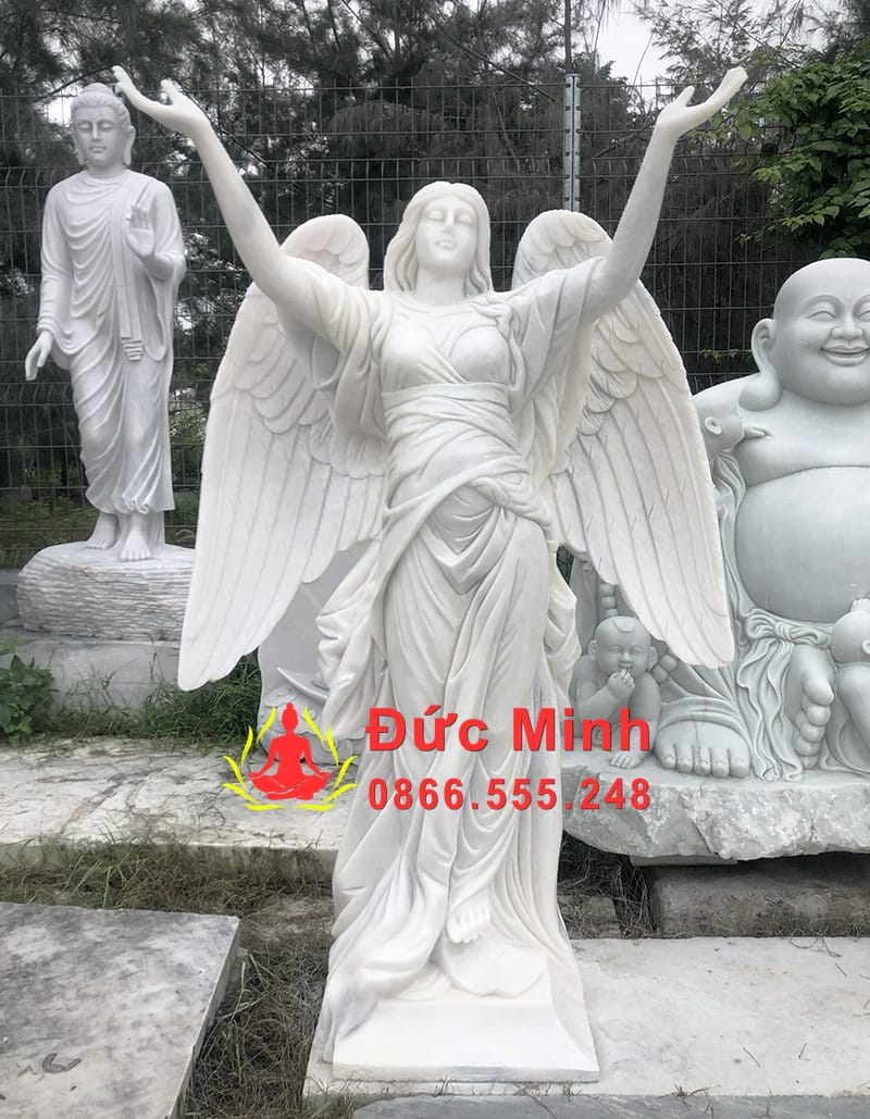 Tượng Nữ Thiên Thần Ngửa Đầu Cầu Nguyện Đá Cẩm Thạch Trắng