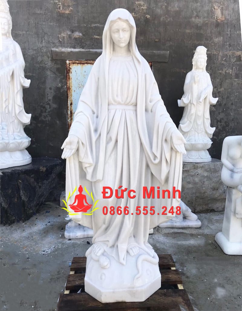 Tượng Đức Mẹ Đạp Đầu Rắn Đá Cẩm Thạch Trắng Tinh Xảo
