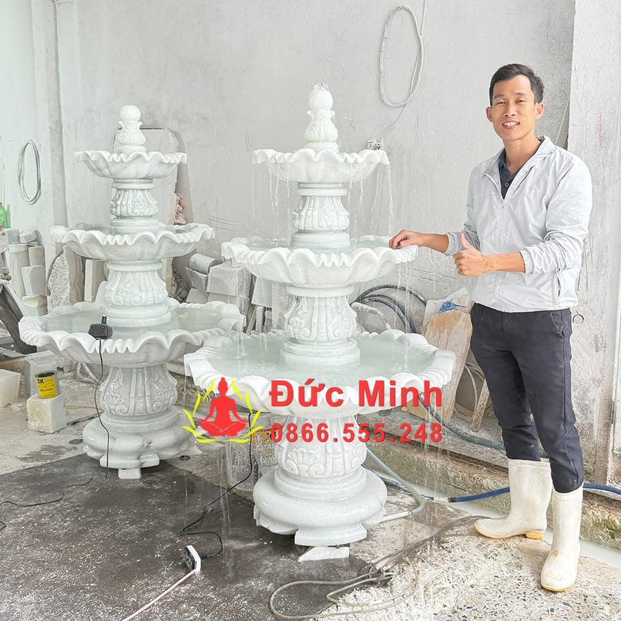 Đài Phun Nước Đá Trắng Phong Thủy Cao 1m5