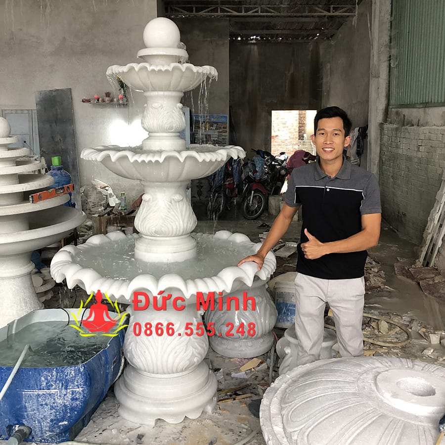 Đài Phun Nước Đá Trắng Phong Thủy Đẹp cao 2m