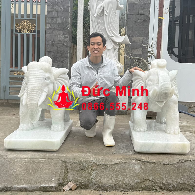 Tượng Voi Phong Thủy Bằng Đá Cẩm Thạch Trắng Đẹp
