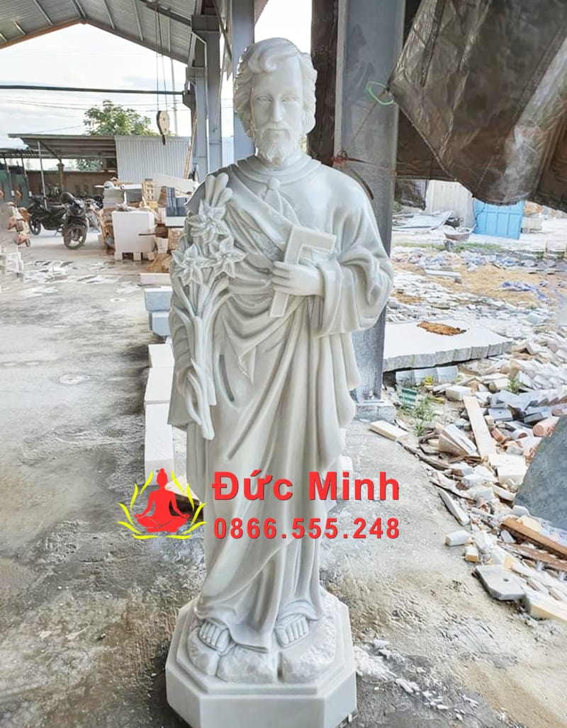 Tượng Thánh Giuse Thợ Bằng Đá Trắng Tự Nhiên Đẹp