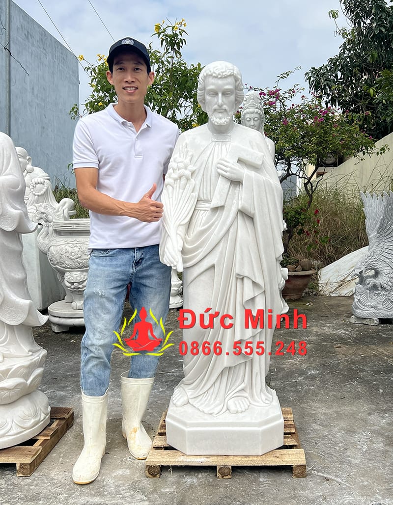 Tượng Thánh Giuse Cầm Cành Huệ Thước Thợ Đá Cẩm Thạch Trắng Tại Nam Định