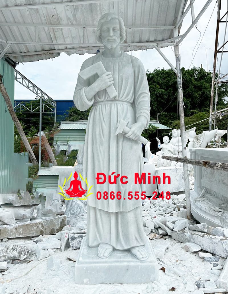 Tượng Thánh Giuse Thợ Mộc Cầm Búa Và Thước Đá Cẩm Thạch Đẹp Cao 2m