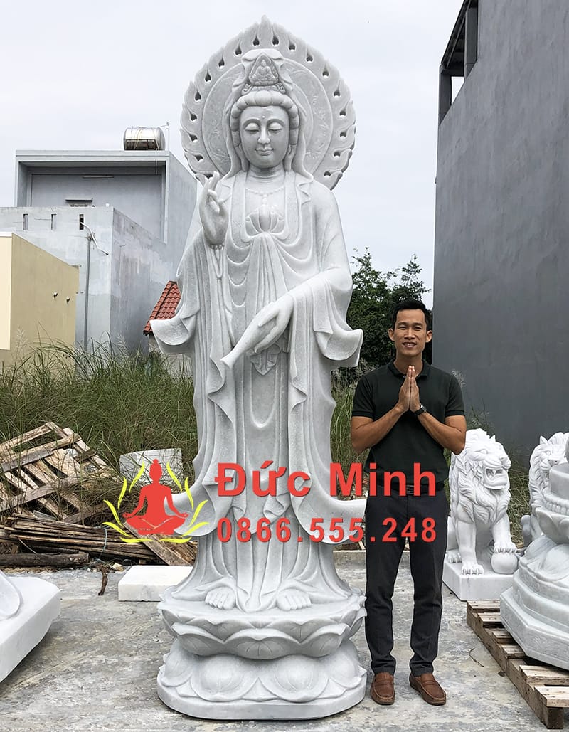 Tượng Mẹ Quan Thế Âm Đá Cẩm Thạch Nguyên Khối Cao 3m5