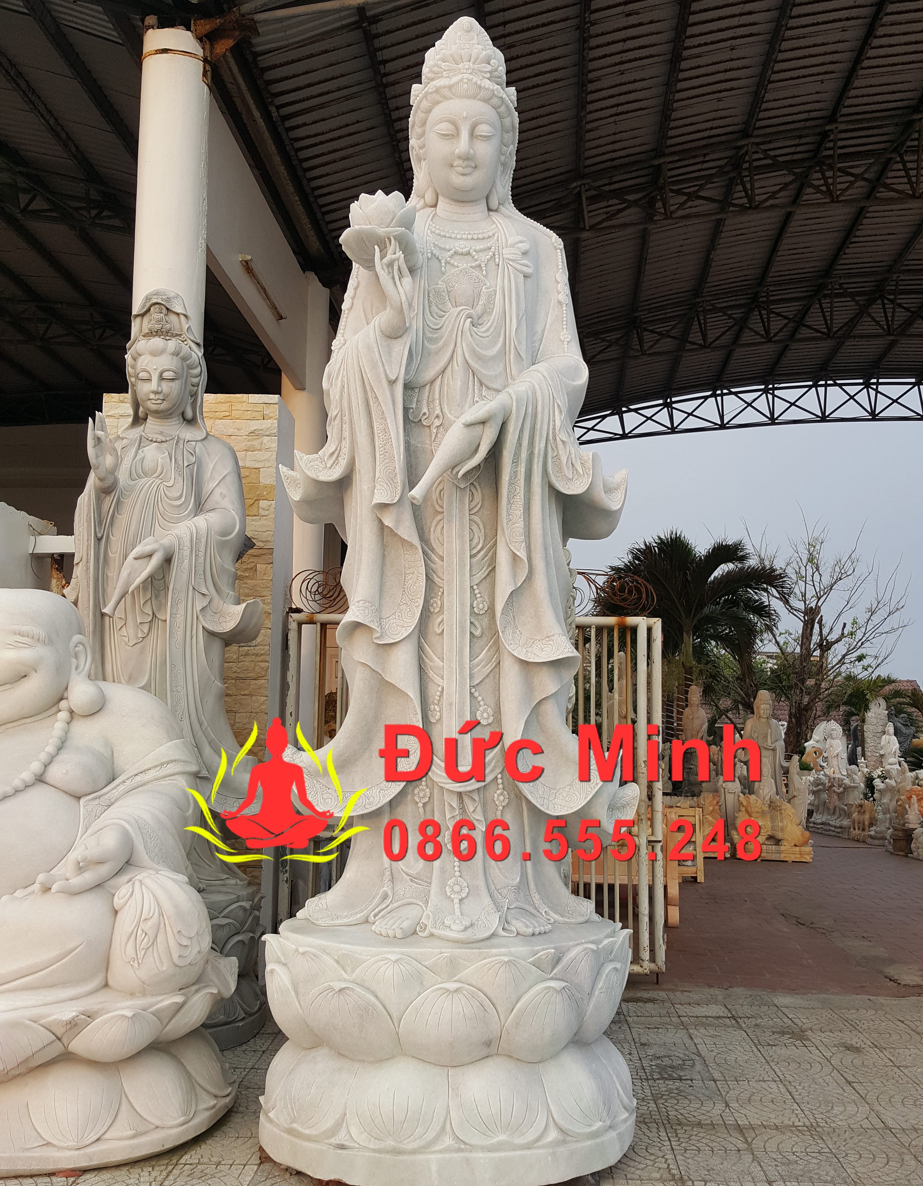Tượng Quan Âm Đá Trắng Tự Nhiên Nguyên Khối Cao 3m