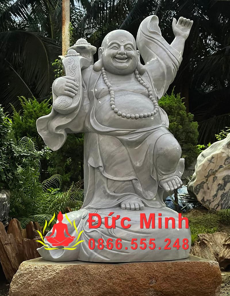 Tượng Di Lặc Vát Gậy Như Ý Đá Cẩm Thạch Xám Đẹp