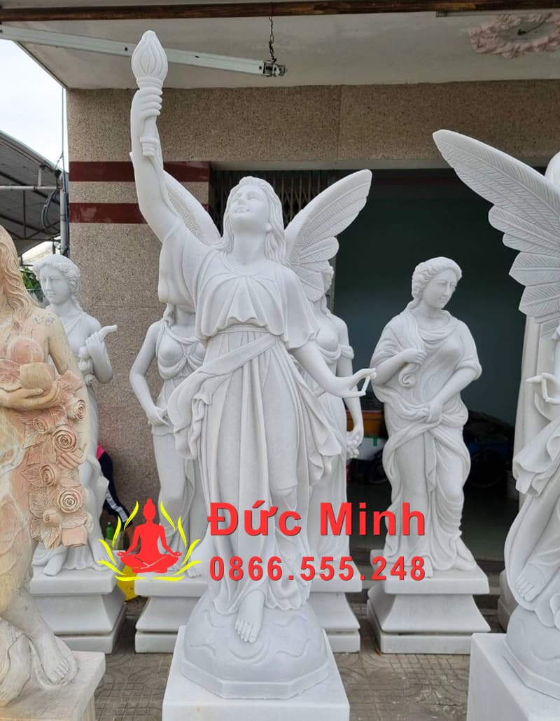 Tượng Nữ Thiên Thần Cầm Đút Đá Trắng Đẹp